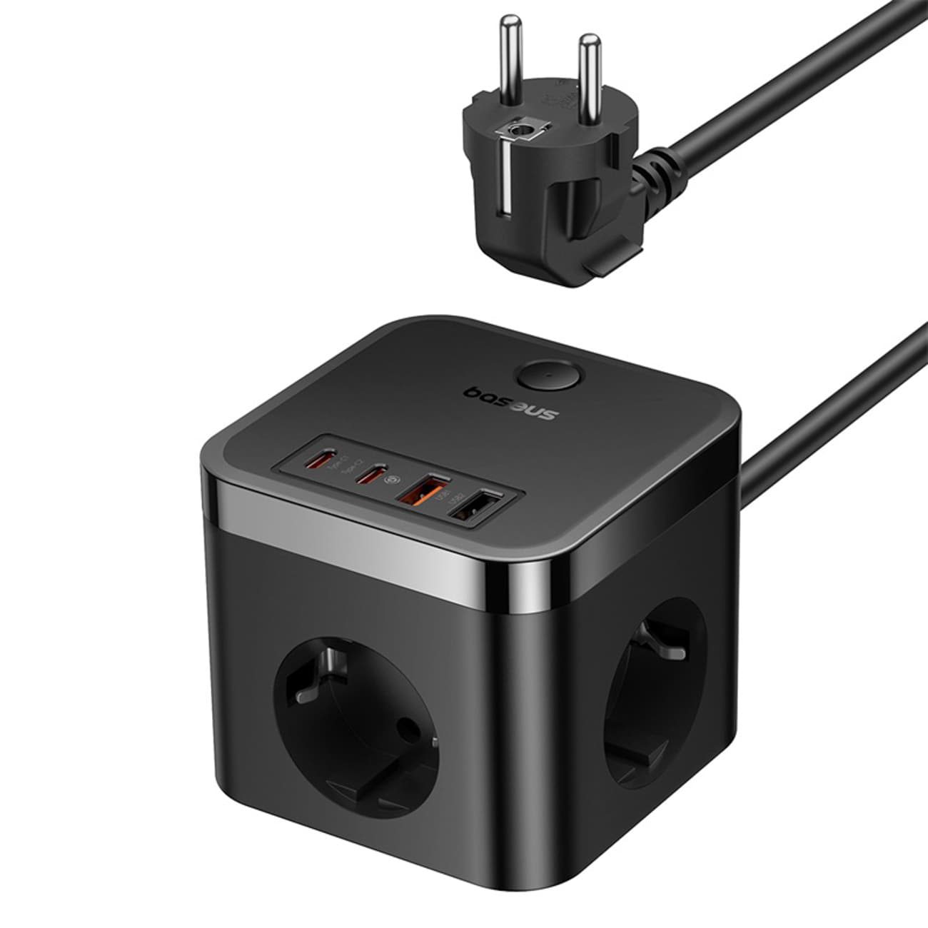 Baseus PowerCombo Cube 30 W:n pistorasia, 3 x AC, 2 x USB-A, 2 x USB-C, 1,5 m – musta