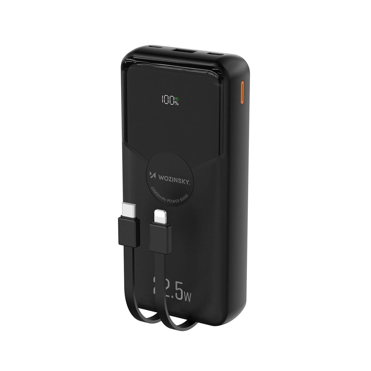 Wozinsky WFC-15B 20 000 mAh 22,5 W PD20W -varavirtalähde Lightning- ja USB-C-kaapeleilla – musta