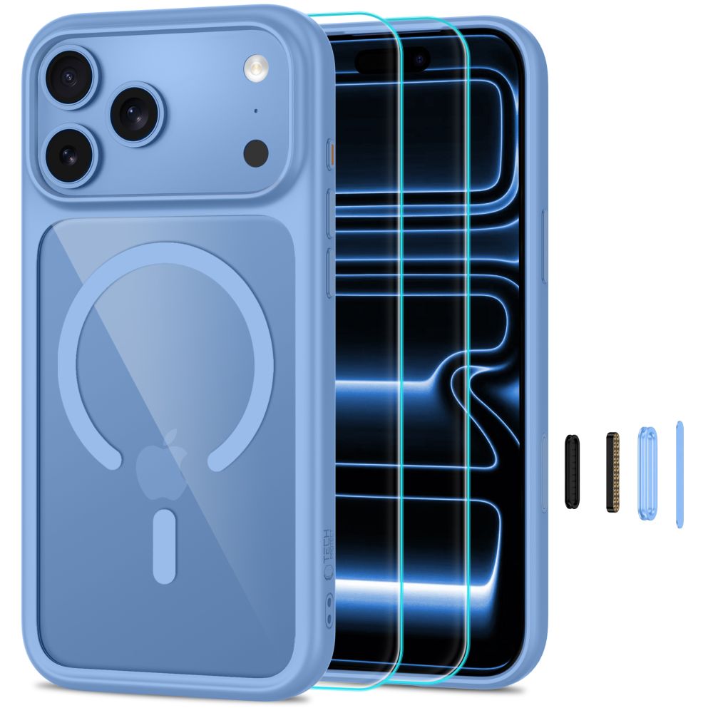 Tech-Protect MagOne CC MagSafe -kotelo + karkaistu lasi 2 kpl iPhone 18/17 Pro Max - Clear Blue