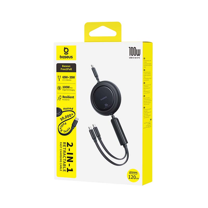 Baseus Free2Pull Mini 100 W 3-in-1 USB-C-kelattava kaapeli – 2 x USB-C, 1,2 m – musta