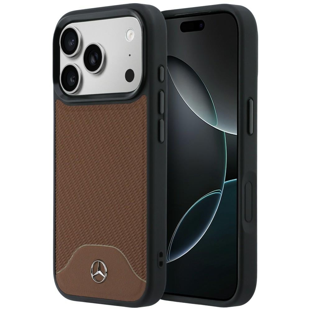 Mercedes-nahkainen, puukuvioinen ja kaareva MagSafe-suojakotelo iPhone 17 Pro:lle – ruskea