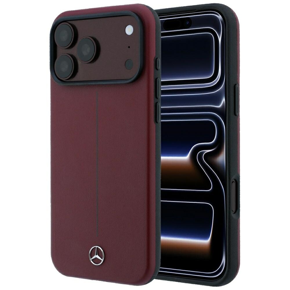 Mercedes Leather Semi Wrap Iconic Line MagSafe -suojakotelo iPhone 18/17 Pro Max - viininpunainen