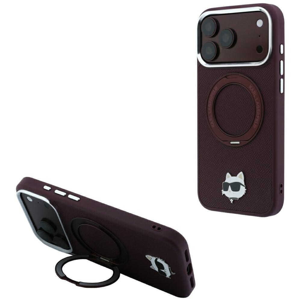 Karl Lagerfeld Ring Stand 360 Choupette Head Pin MagSafe -kotelo iPhone 18/17 Pro - viininpunainen