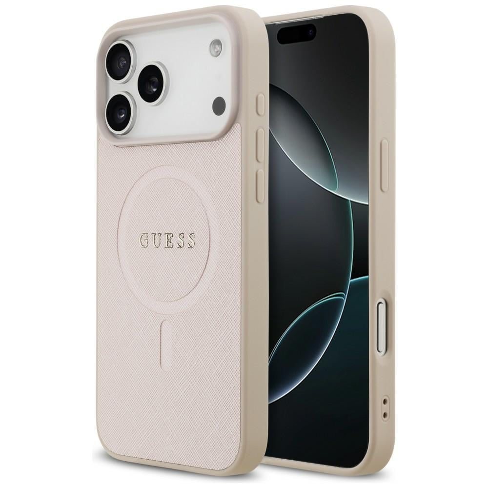Guess Saffiano Classic Logo MagSafe -kotelo iPhone 18/17 Pro Maxille – vaaleanpunainen