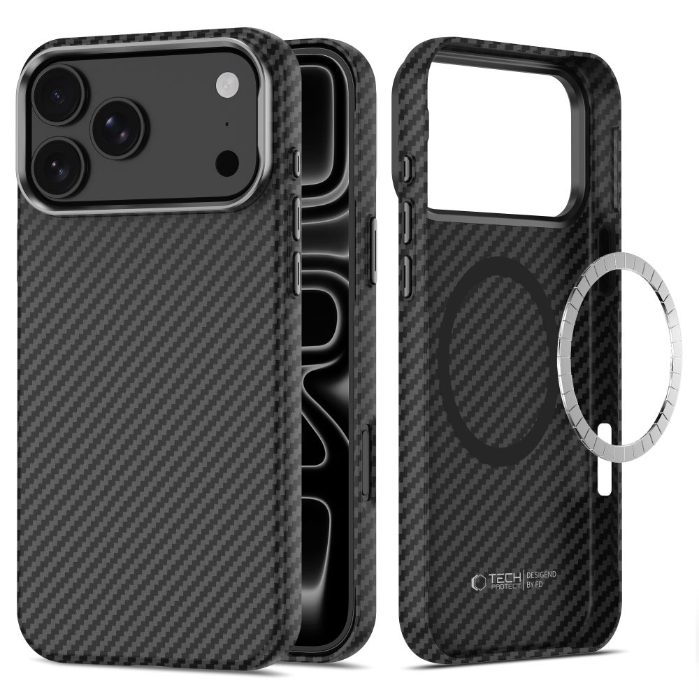 Tech-Protect Ion Carbon MagSafe -kotelo iPhone 18 Pro Maxille / 17 Pro Maxille – musta ja hopea
