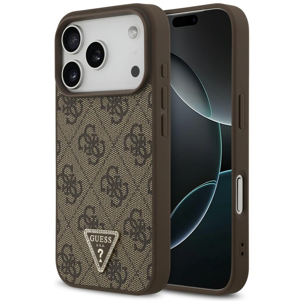 Guess Leather 4G Triangle Strass MagSafe -suojakotelo iPhone 18 Pro / 17 Pro:lle – ruskea