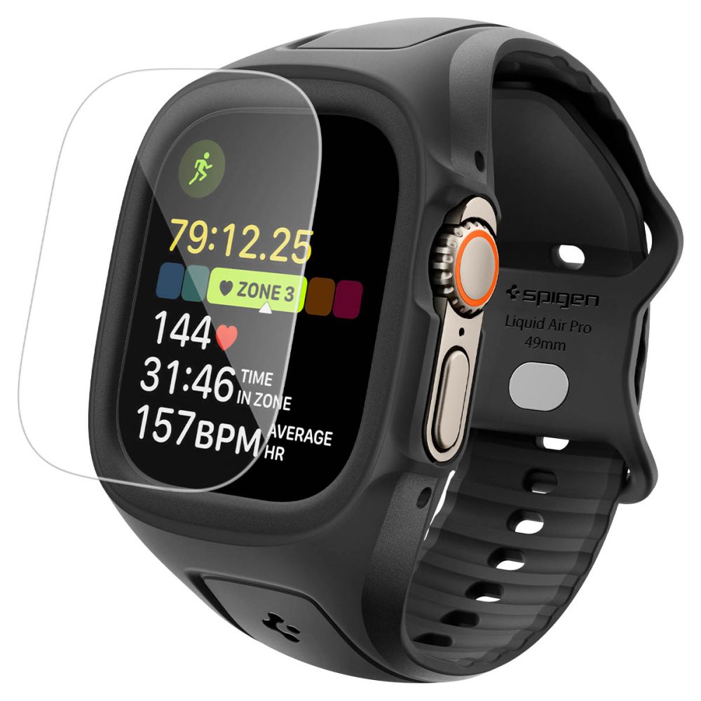 Spigen Liquid Air Pro -kotelon hihna + 9H-karkaistu lasi Apple Watch Ultra 49 mm:lle – musta