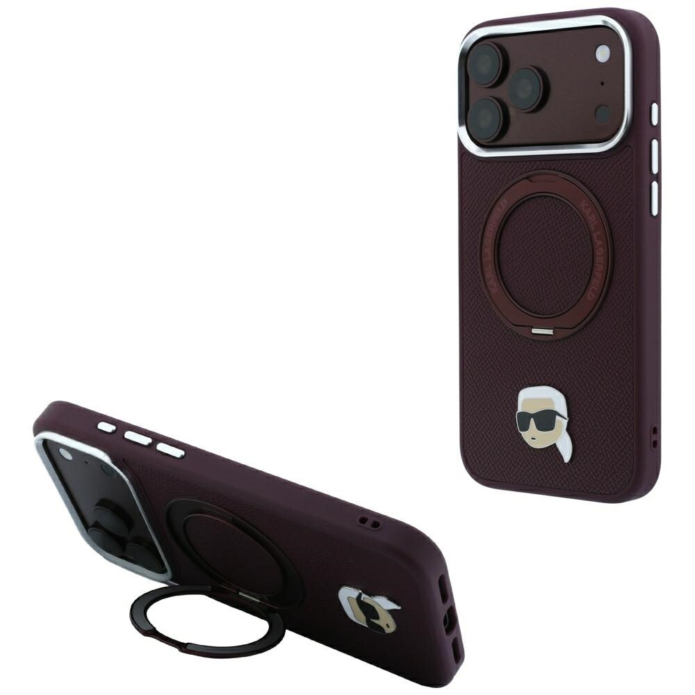 Karl Lagerfeld ja Ring Stand 360 Karl Head Pin MagSafe -kotelo iPhone 18/17 Pro - viininpunainen