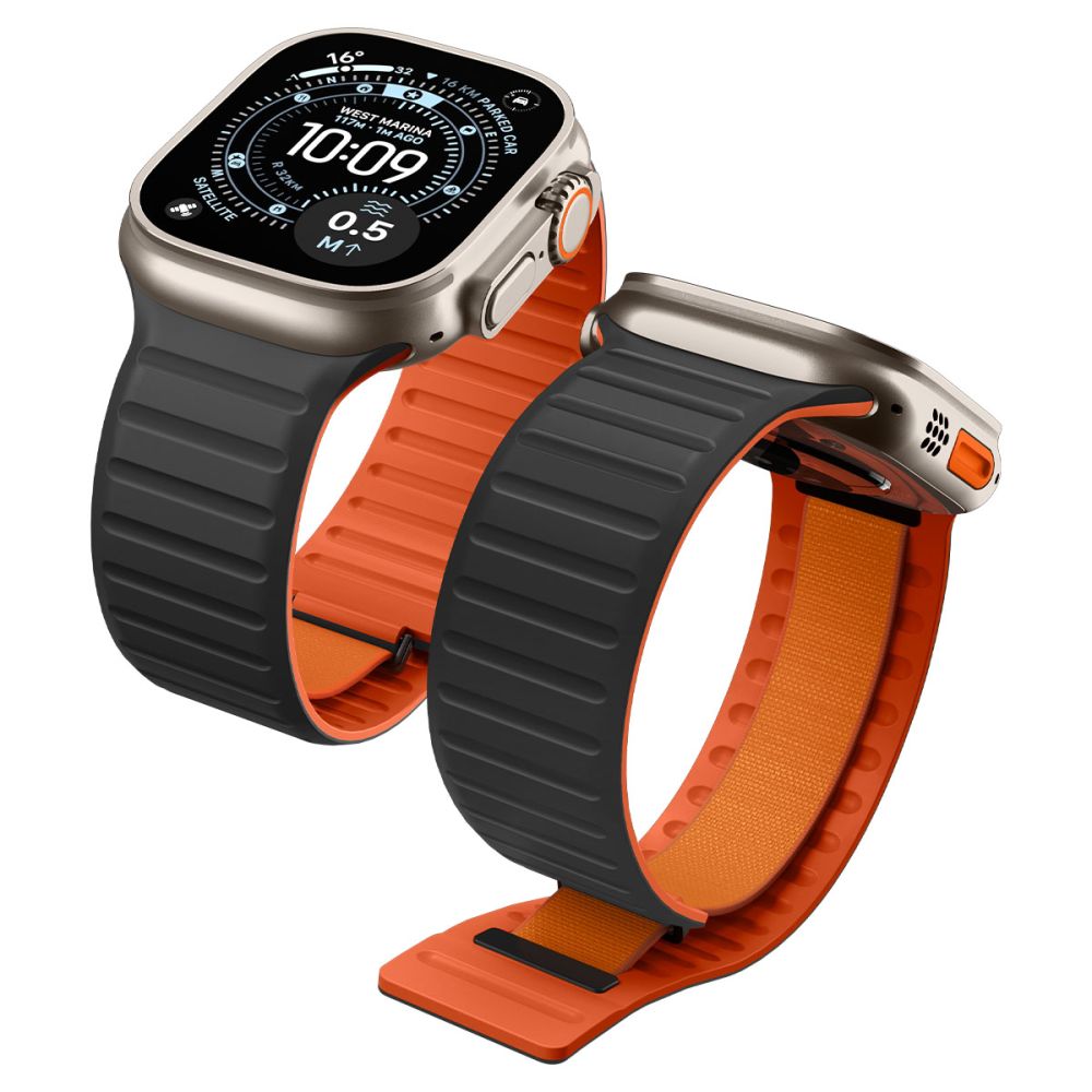 Spigen Athlex Air M -ranneke Apple Watch 44/45/46/49 mm - musta ja oranssi