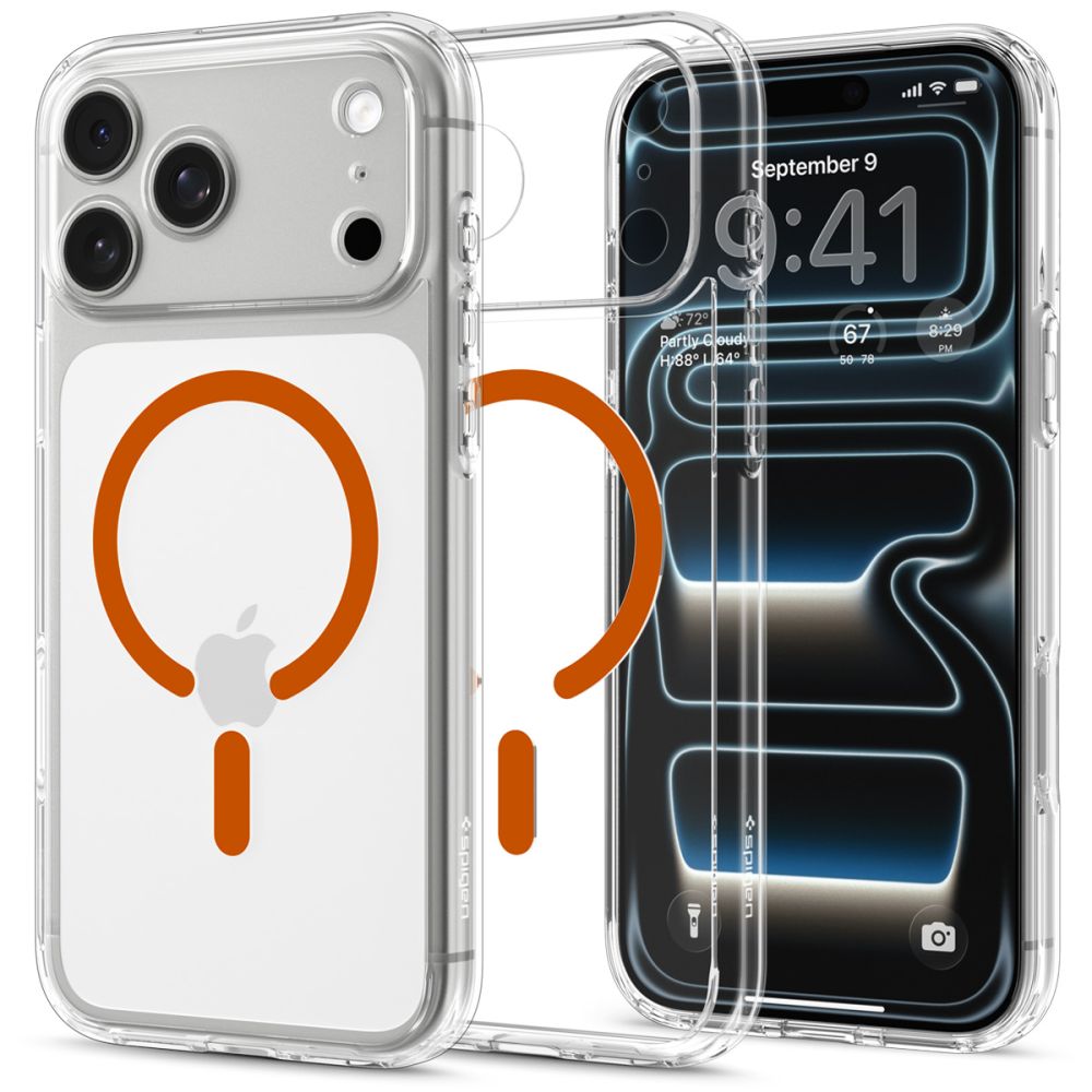 Spigen Ultra Hybrid MagSafe -suojakotelo iPhone 18 Pro / 17 Pro:lle – läpinäkyvä oranssi