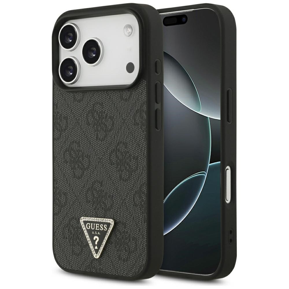 Guess Leather 4G Triangle Strass MagSafe -suojakotelo iPhone 18 Pro / 17 Pro - Musta