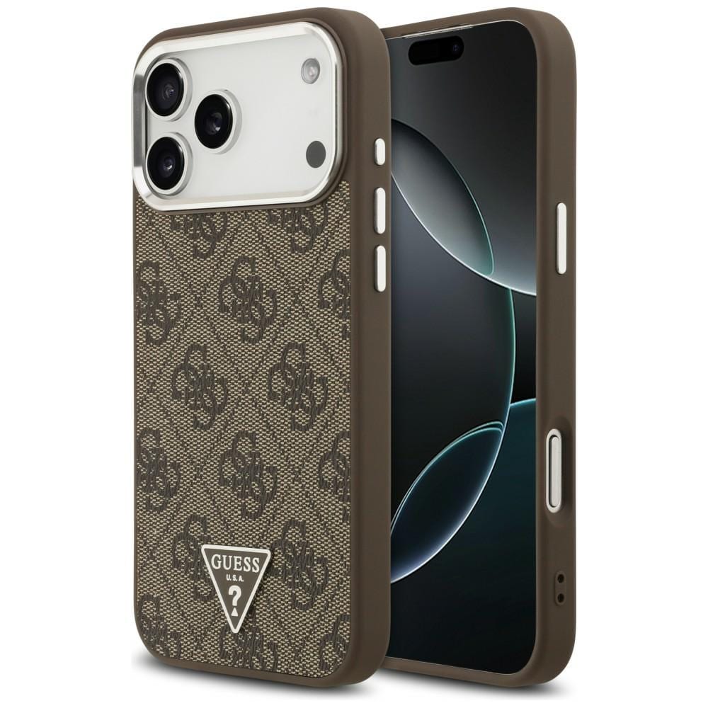 Guess 4G Triangle Logo MagSafe -suojakotelo iPhone 18 Pro Max / 17 Pro Max -ruskea ja hopea