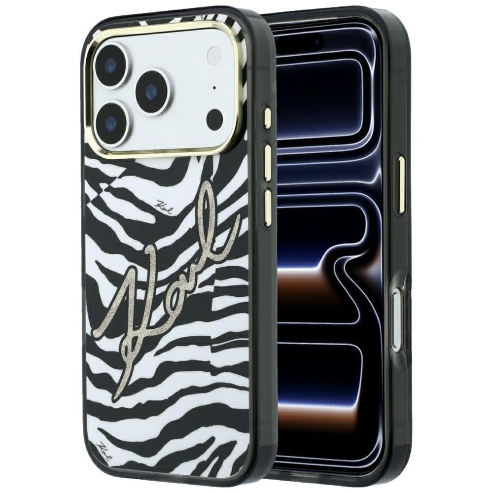 Karl Lagerfeld IML Signature Zebra Glitter MagSafe -suojakotelo iPhone 17/18 Pro Max - kultainen