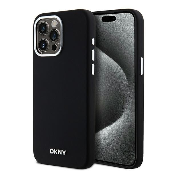 DKNY nestemäinen silikoni MagSafe-suojakotelo iPhone 14 Pro Max – pieni metallilogo, musta