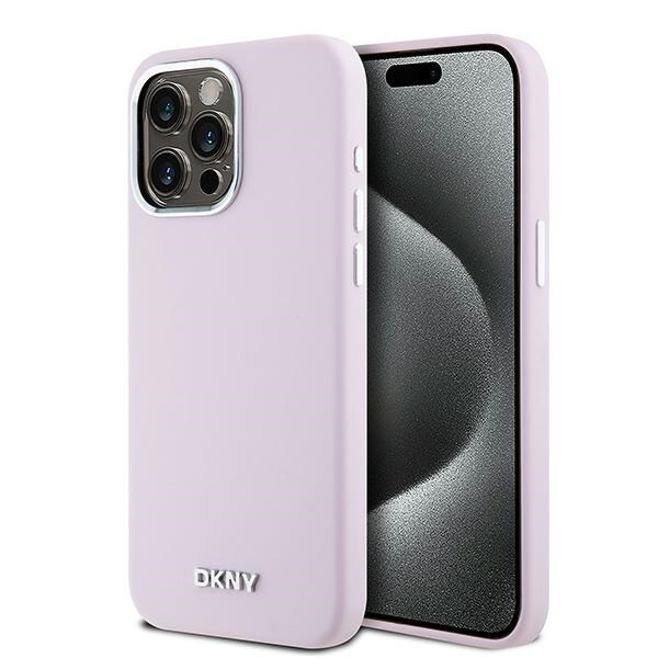 DKNY nestemäinen silikoni MagSafe-suojakotelo iPhone 14 Pro Maxille, metallilogo – vaaleanpunainen