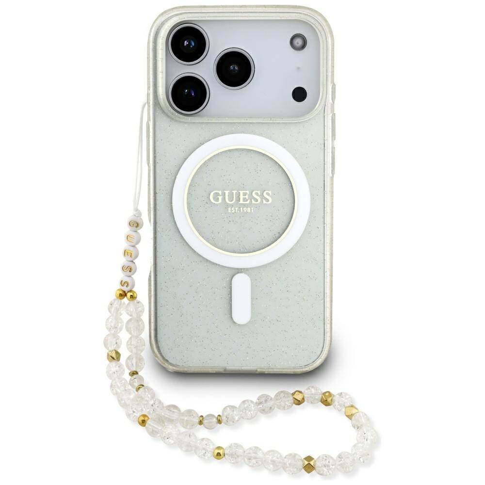 Guess IML Glitter Pearl -hihnallinen MagSafe-suojakotelo iPhone 17 Pro:lle – läpinäkyvä