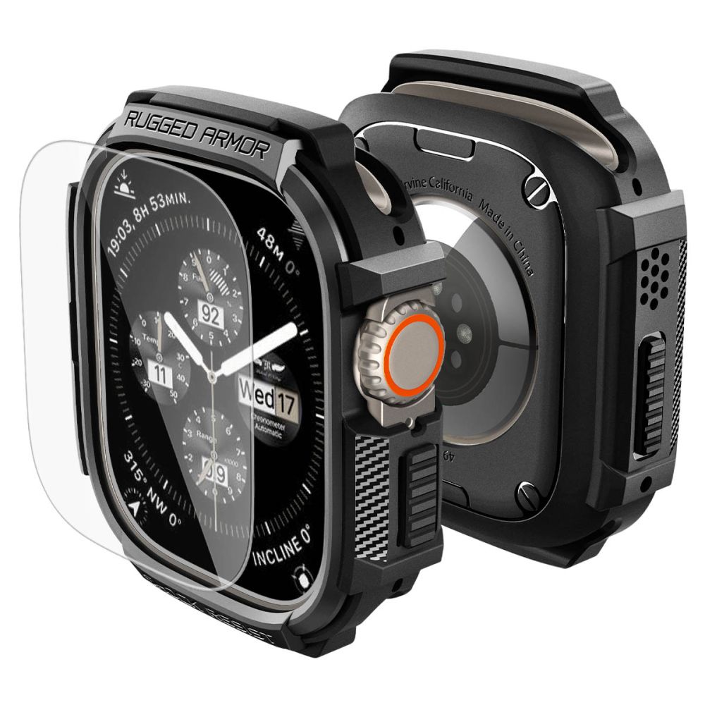 Spigen Rugged Armor -kotelo + 9H-karkaistu lasi Apple Watch Ultra 49 mm:lle – mattamusta