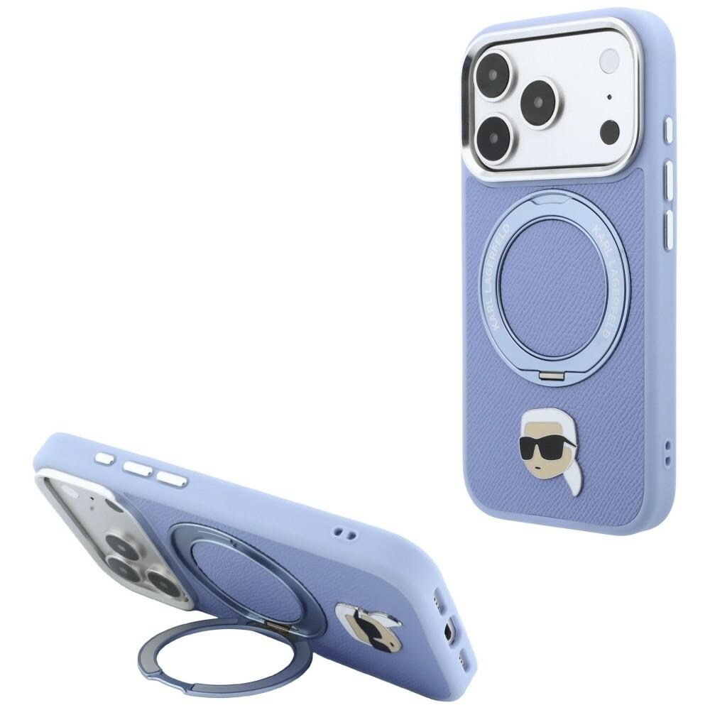 Karl Lagerfeld: Ring Stand 360 Karl Head Pin MagSafe -suojakotelo iPhone 18 Pro / 17 Pro - sininen
