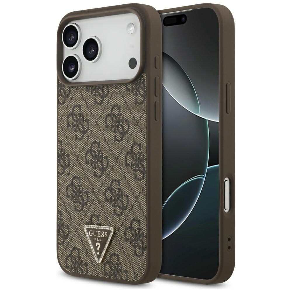 Guess Leather 4G Triangle Strass MagSafe -kotelo iPhone 17 Pro Max / 18 Pro Max -ruskea