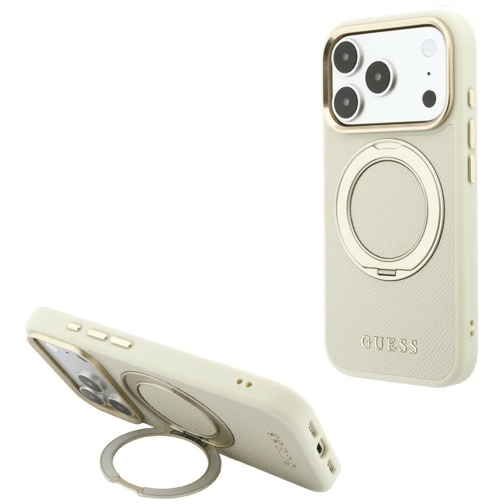 Guess Ring Stand 360 Grained Classic Logo MagSafe -suojakotelo iPhone 18/17 Pro Max – beige