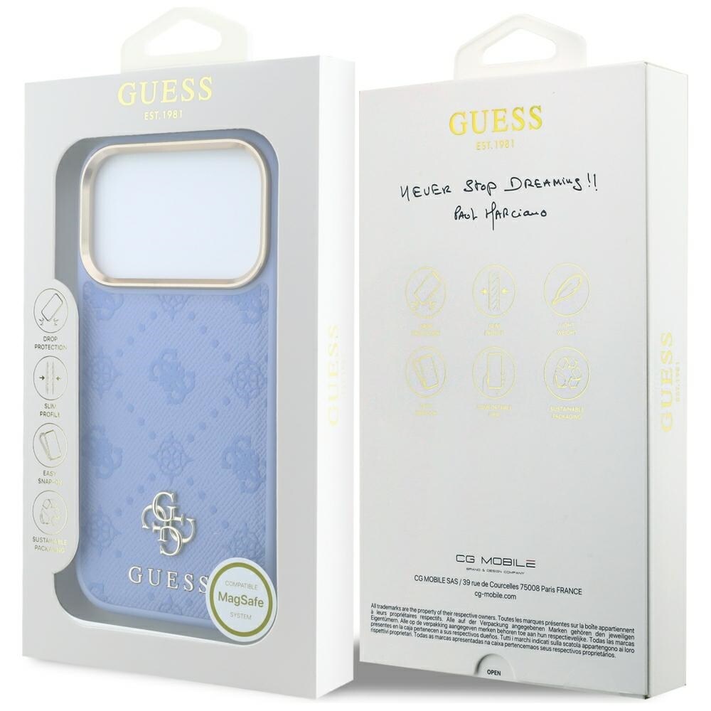 Guess Peony 4G -kotelo pienellä logolla, MagSafe-yhteensopiva iPhone 18 Pro/17 Pro - vaaleansininen