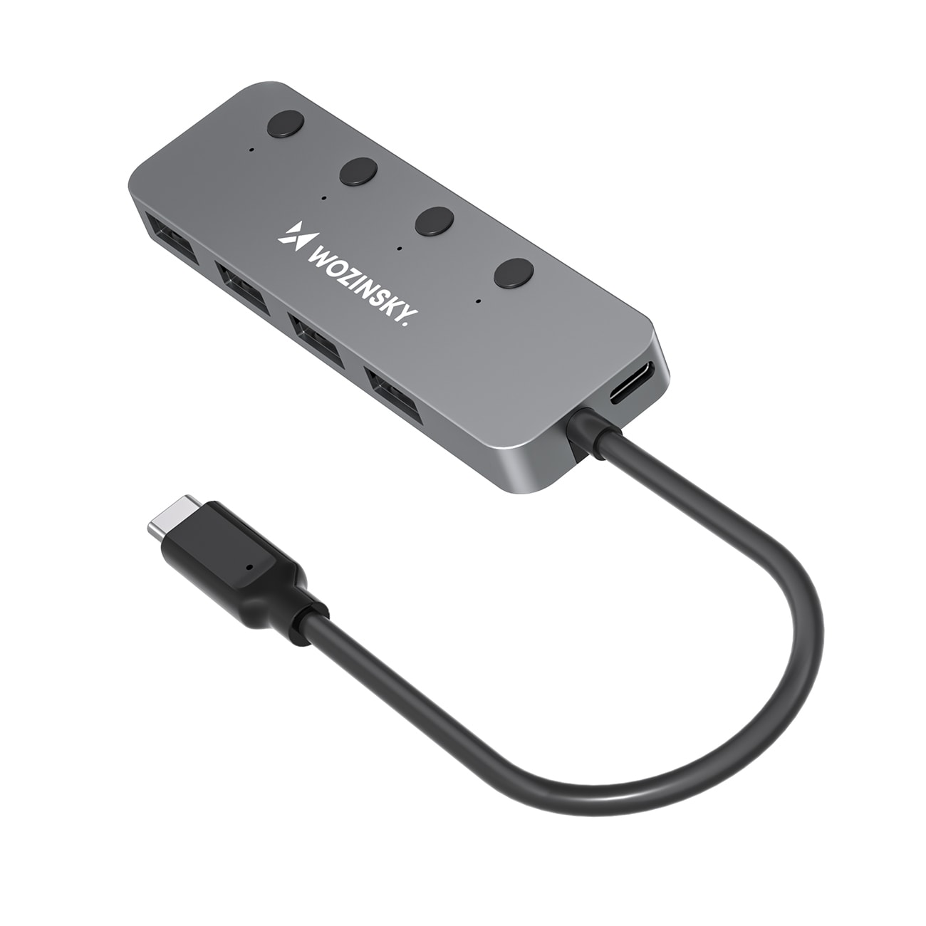 Wozinsky WHS080YSS 4x USB-A 3.0 -alumiinikeskitin, kytkimet, 15 cm USB-C-kaapeli – harmaa