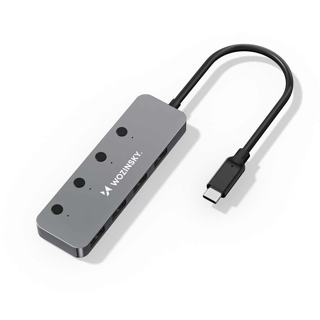Wozinsky WHS080YSS 4x USB-A 3.0 -alumiinikeskitin, kytkimet, 15 cm USB-C-kaapeli – harmaa
