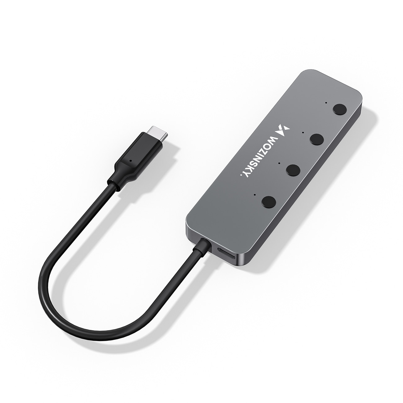 Wozinsky WHS080YSS 4x USB-A 3.0 -alumiinikeskitin, kytkimet, 15 cm USB-C-kaapeli – harmaa