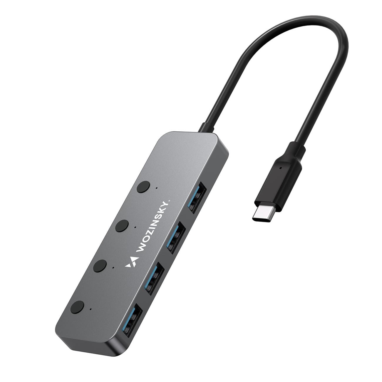 Wozinsky WHS080YSS 4x USB-A 3.0 -alumiinikeskitin, kytkimet, 15 cm USB-C-kaapeli – harmaa