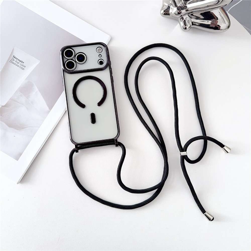 iPhone 18 Pro Max / 17 Pro Max -kotelo, MagSafe-yhteensopiva, galvanoitu TPU, pitkä hihna – musta
