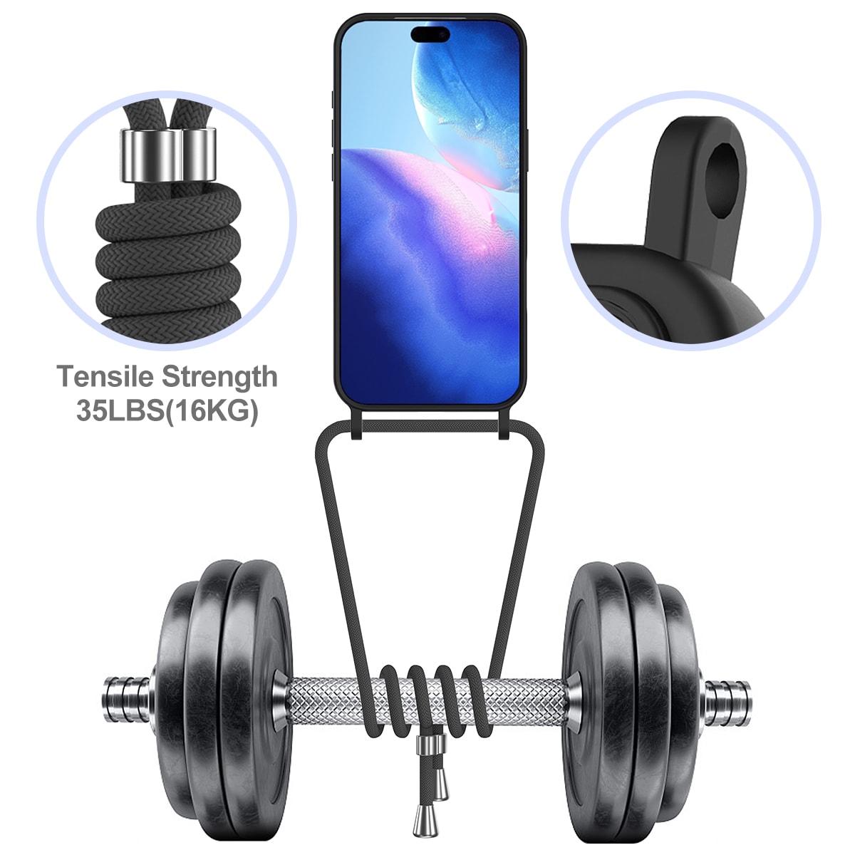 iPhone 18 Pro / 17 Pro -kotelo: nestesilikoninen korttipaikallinen takakansi kaulanauhalla – musta