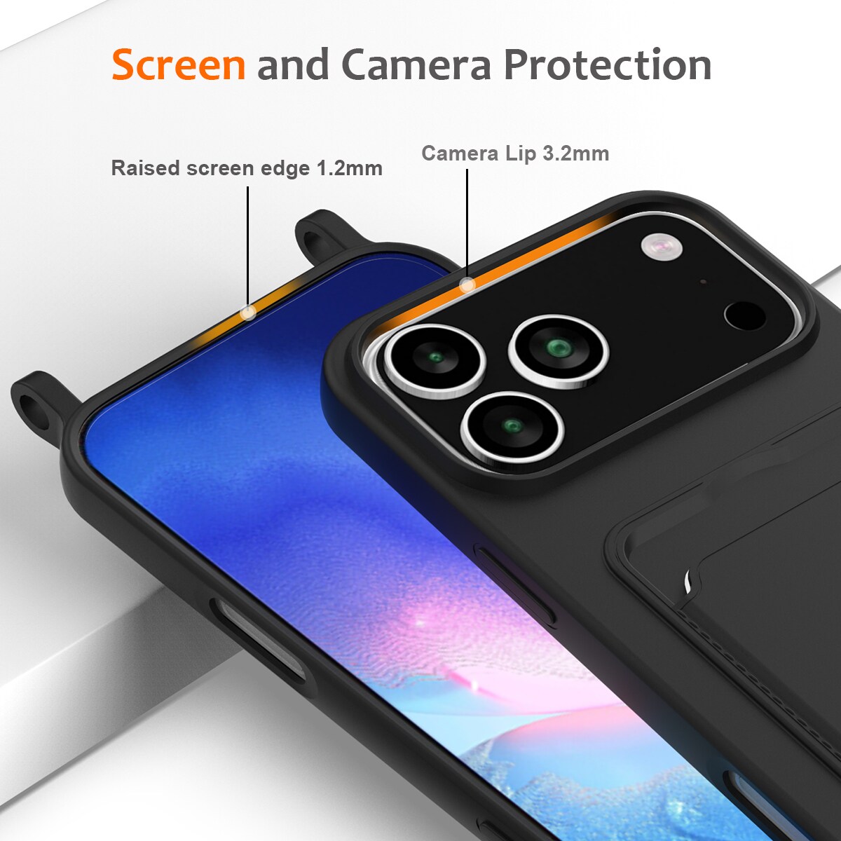 iPhone 18 Pro Max / 17 Pro Max -kotelo: nestemäinen silikoni, korttipaikka, kaulanauha – musta