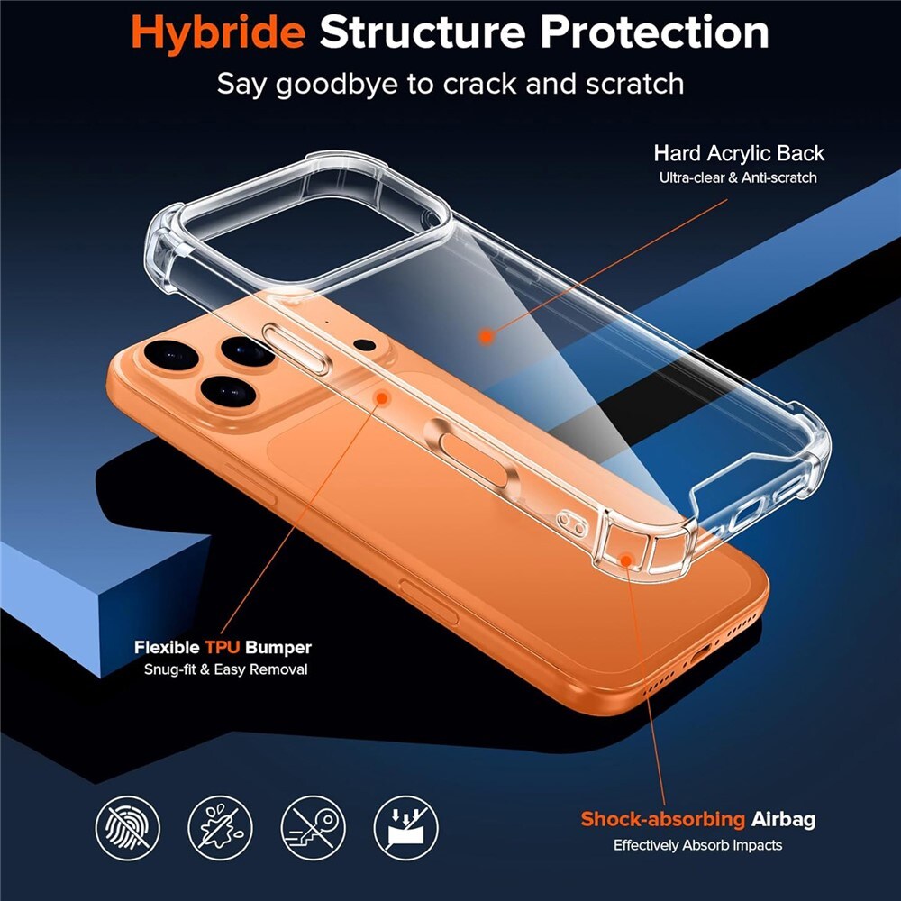 Hybridi-akryyli-TPU-suojakotelo iPhone 18 Pro / 17 Pro, kameransuojalla – läpinäkyvä