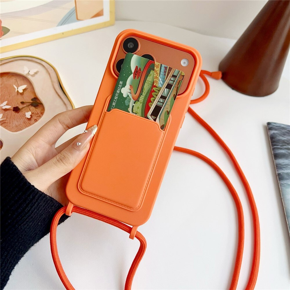 Silikonikotelo, jossa on korttipaikka ja hihna, iPhone 18 Pro Max / 17 Pro Max – oranssi