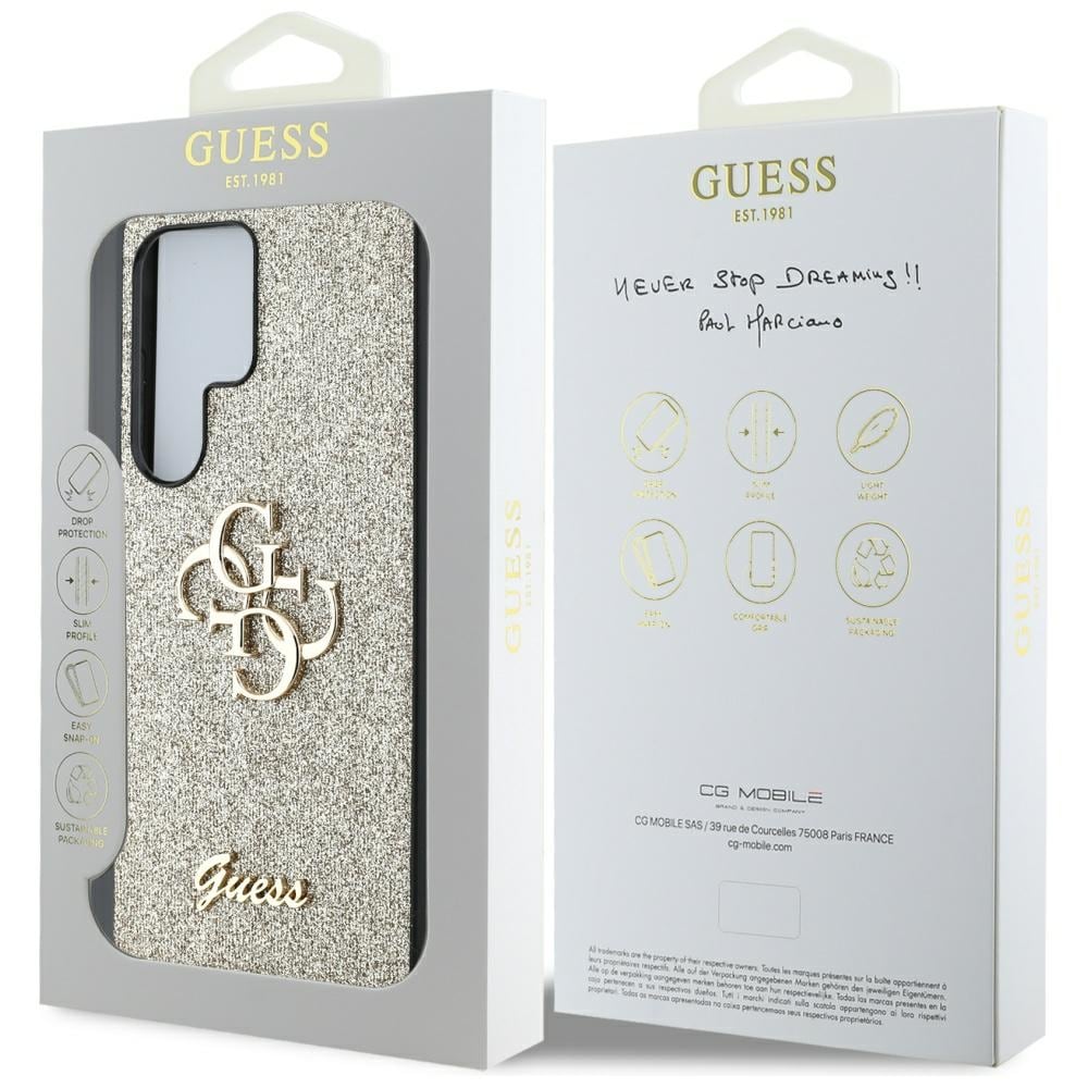 Guess Fixed Glitter Big 4G -metallilogokotelo Samsung Galaxy S25 Ultra -mallille – kultainen