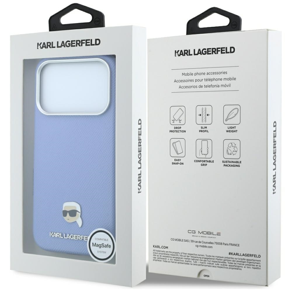 Karl Lagerfeld Grained Karl Head metallinen MagSafe-suojakotelo iPhone 18/17 Pro vaaleansininen