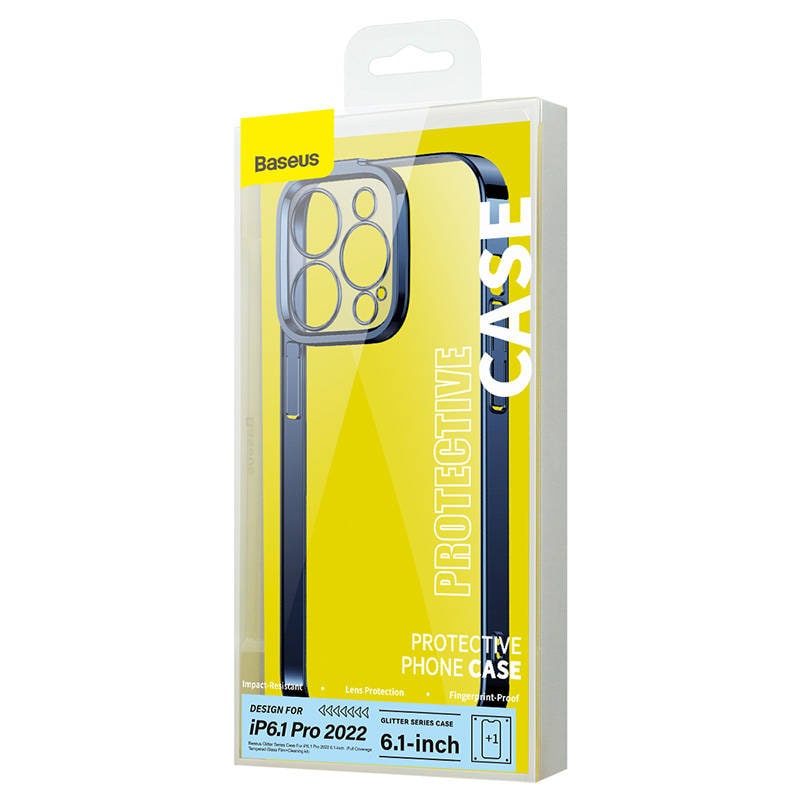 Baseus Glitter läpinäkyvä kotelo ja karkaistu lasi setti iPhone 14 Pro (sininen)