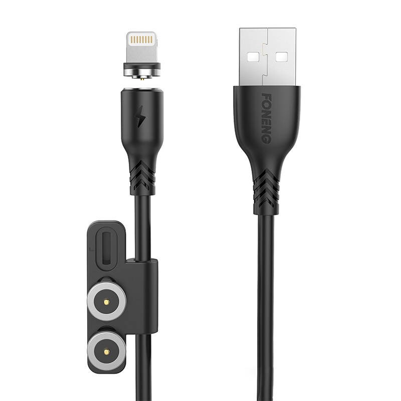 Foneng X62 Magneettinen 3in1 USB-C / Lightning / Micro USB-kaapeli, 2.4A, 1m (musta)