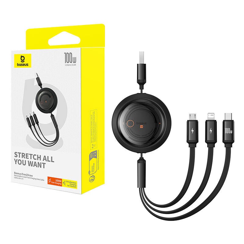 3-in-1 Baseus Free2Draw USB-M+L+C 100W kaapeli, 1,1 m (musta)