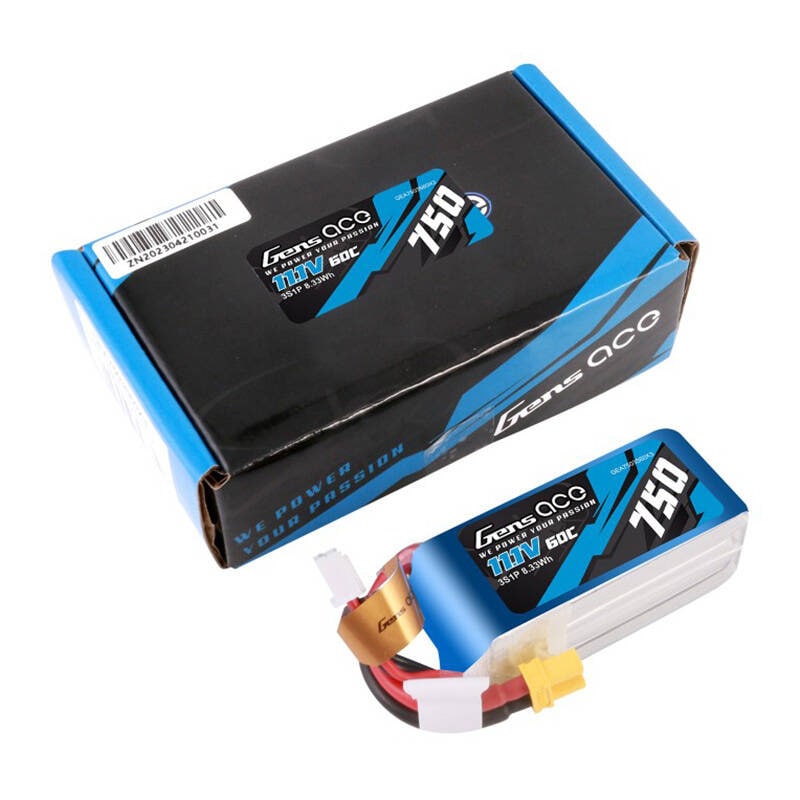 Gens Ace 750mAH 11.1V 60C 3S1P Lipo akku XT30 liittimellä
