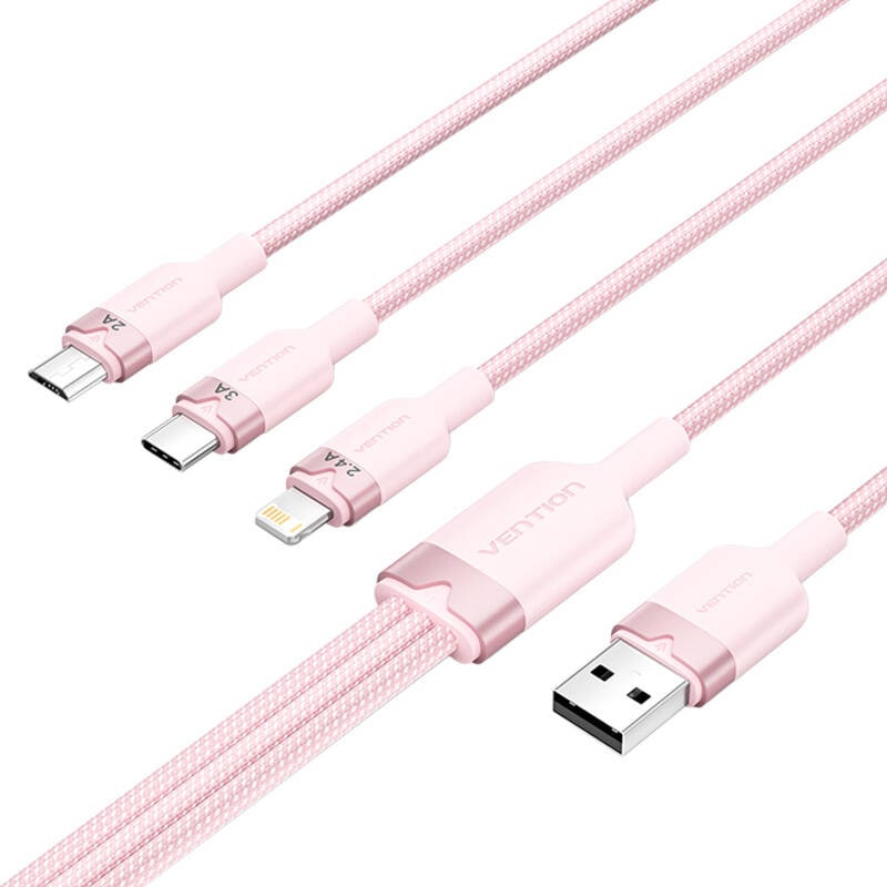 USB 2.0 A - 3in1 3A kaapeli Vention CTPPG 1.5M (vaaleanpunainen)