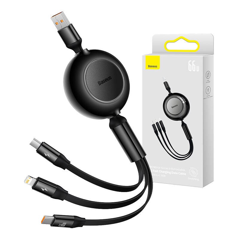 Baseus Bright Mirror 3, USB 3-in-1 kaapeli micro USB / USB-C / Lightning 66W / 2A 1.1m (musta)