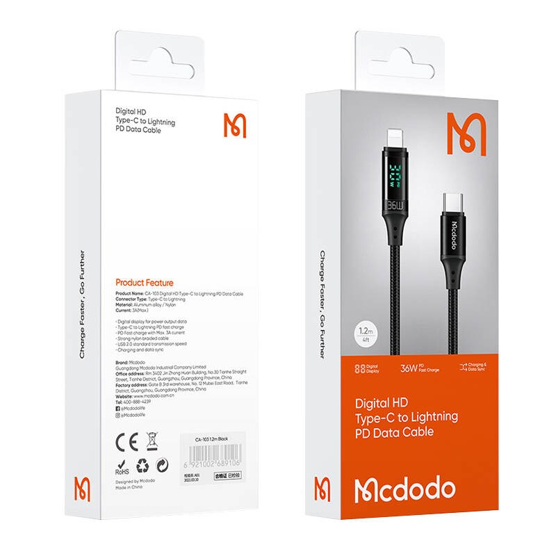 Kaapeli Mcdodo CA-1030 USB-C ja Lightning, 36W, 1.2m (musta)