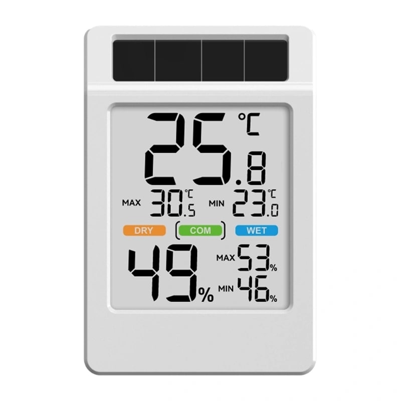 BALDRTHERM B0590TH-V6 aurinkokäyttöinen lämpötila- ja kosteusmittari, jossa on suuri näyttö